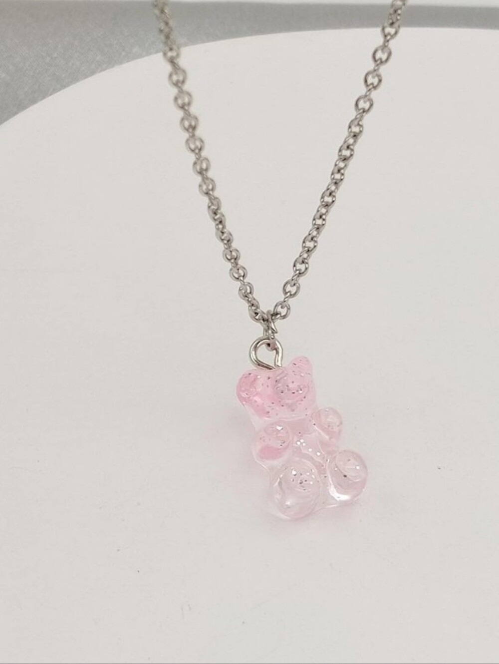 Silver Chain Necklace with Pink Gummy Bear Pendant